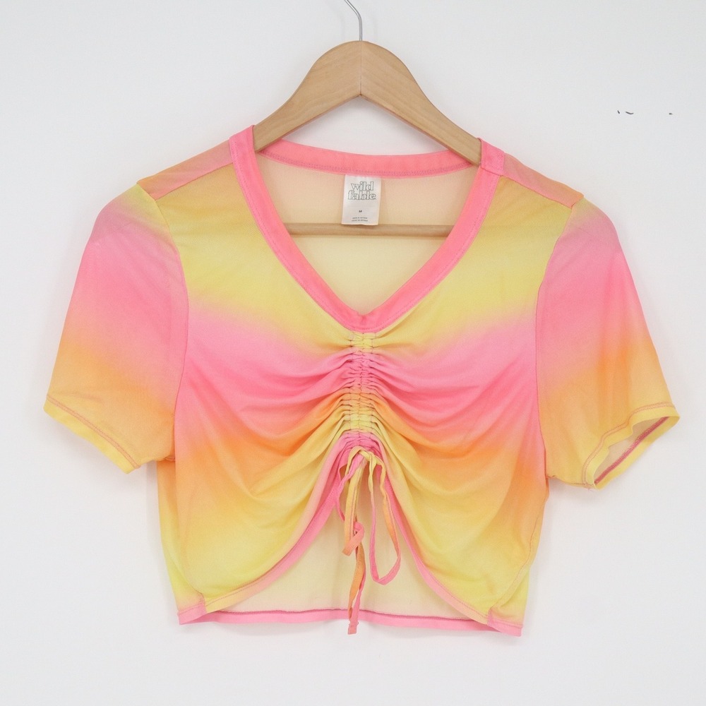 Wild Fable Crop Top Womens M Ombre Pink Orange Yellow Ruched Mesh Excellent